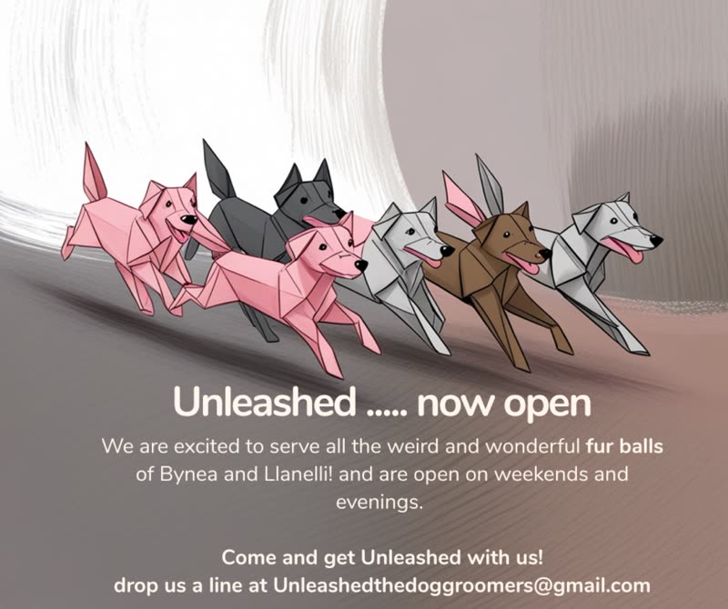 Wider detail of the salon's artwork, dogs mid-stride across a pastel background